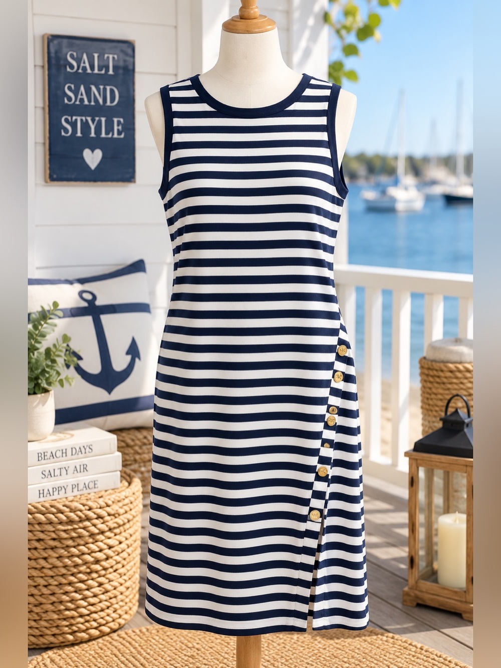 ⚓ Michael Kors Navy & White Striped Dress – Size Medium